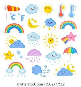 Set of cute weather doodle illustration. Isolated vector characters on white background