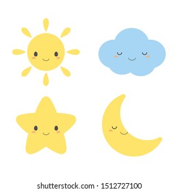 Set Of Cute Weather Element Icons, Including Sun, Cloud, Star And Moon.