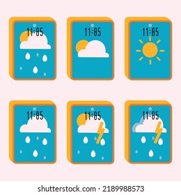 set of cute weather forecast applications on smartphones. different weather. sun, rain, clouds, thunderstorm