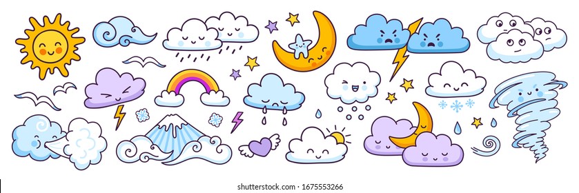 Set of cute weather forecast characters with funny faces. Clouds, sun, rainbow, tornado, rain and wind. Vector illustrations. 