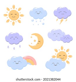 Set of cute weather icons for kids. Sun, moon and stars, clouds, rain, snow, rainbows, lightning. Vector illustration.