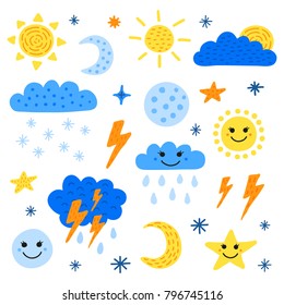 Set of cute weather icons in scandinavian style isolated on white background.