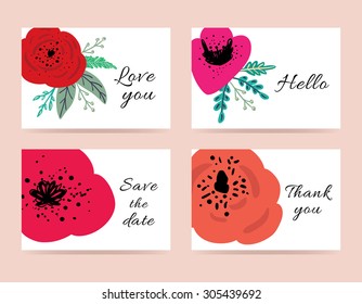 Set of cute wedding templates with romantic flowers. Perfect for Save the date, valentines day, mothers day, birthday cards, invitations.