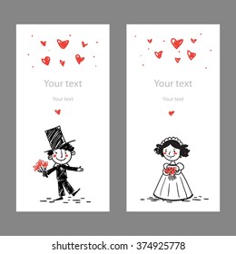 Set of cute wedding vector cards. Two vector invitation templates with doodle groom and bride.
