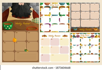 Set of cute weekly planner templates. Colorful mugs with hot drinks, funny character and hand drawn lettering. Medieval interior. Grid for notes. Flat style illustration.