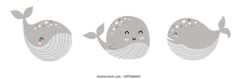 Set of cute whale characters in scandinavian style isolated on white background for childrens design