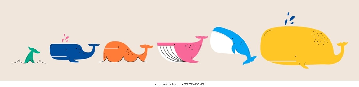 Set of Cute whale, Sea life. Colorful vector illustration
