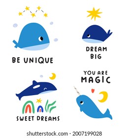 Set of cute whales. Hand drawn vector illustrations for kids.