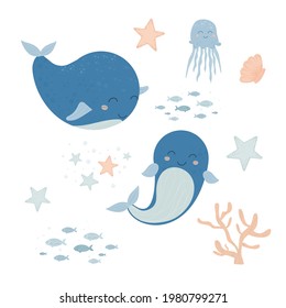 Set of cute whales and ocean elements in boho scandinavian style. Childish simple print, stickers. Baby nursery clip art
