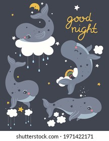 Set of cute whales in the sky. Vector graphics.