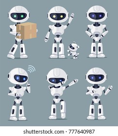 Set of cute white ai machines vector illustration with six robots standing and speaking, carrying box, playing with puppy isolated on grey background