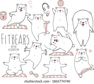 Set of cute white bears doing fitness