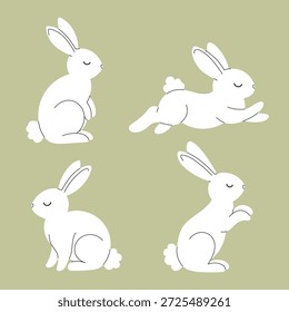 Defina ilustrações bonitas de coelho branco em poses diferentes. Coelhos planos para Páscoa, desenhos de primavera, projetos infantis, decorações e cartões.