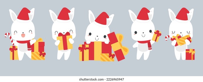 Set of cute white bunny rabbit cartoon characters wearing Santa hat, holding gift boxes. Festive Christmas holiday season concept. Flat vector illustration.