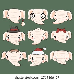 Un conjunto de lindos elefantes de dibujos animados blancos sobre un fondo verde. Algunos elefantes están decorados con arcos, sombreros, vasos y flores. Ilustración vectorial para niños 