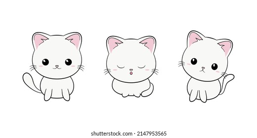 Conjunto de personajes de dibujos animados de gatos blancos adorables. Gatito con cabeza grande. Ilustración vectorial plana.