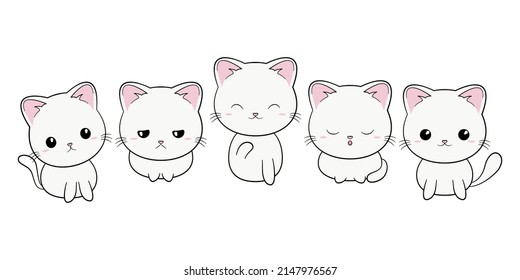 Set of cute white cat cartoon characters. Kawaii kitten with big head. Flat vector illustration.