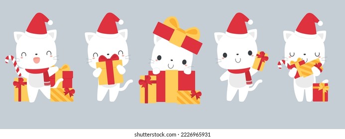 Set of cute white cat cartoon characters wearing Santa hat, holding gift boxes. Festive Christmas holiday season concept. Flat vector illustration.