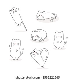 set of cute white cat in different posture cartoon hand drawn