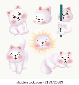 Set of Cute White Cat Element