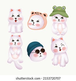 Set of Cute White Cat Element