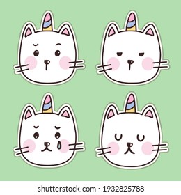 Set of cute white cat unicorn sticker cartoon illustration set
