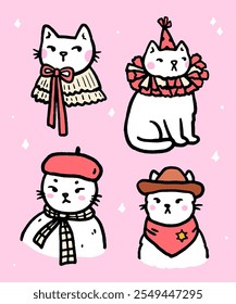 Un conjunto de lindos gatos blancos en diferentes trajes. Vector ilustración dibujada a mano en estilo doodle. Perfecto para tarjetas, pegatinas, decoraciones, impresión, logotipo y varios diseños.