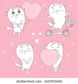 Set with cute white cats and heart-shaped balloons on a pink background. Colorful vector illustrations. Hand-drawn. Valentine s day.