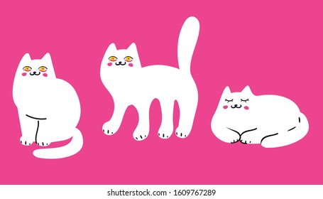 Set with cute white cats. Pets. Vector illustration