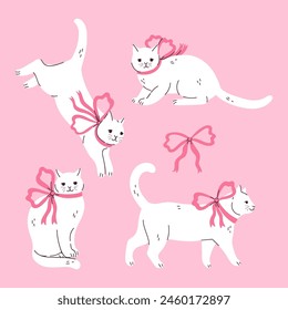 Set of cute white cats with pink bows. Vector graphics.