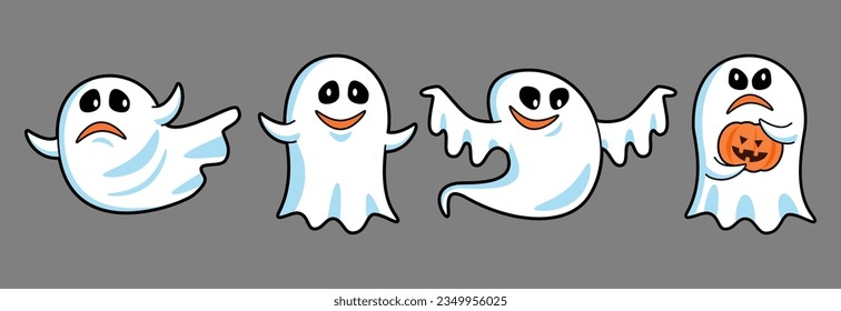 Set of cute White cloth ghost cartoon characters . Halloween concept . Isolate white background . Vector .
