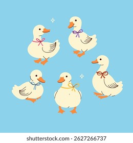 Set of cute white ducks with bows on their necks. Vector graphics.