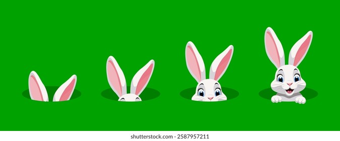 Set of cute white Easter bunnies peeking out of burrows. Vector illustration