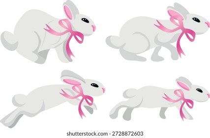 conjunto de coelhinhos de Páscoa brancos bonitos com gravata de arco rosa em poses diferentes, para cartões de Páscoa, cartazes ou outros desenhos de férias