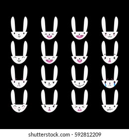 Set of cute white Easter bunny emoticons with happy and lovely faces, hand-drawn rabbit collection with various emotions, EPS 10