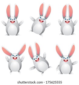 Set of cute white egg shaped bunnies on white background.