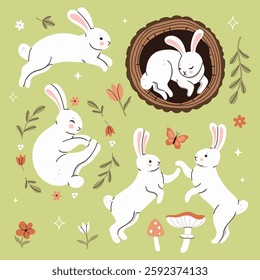 Set of cute white forest rabbits. Vector graphics.