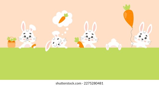 Set cute white funny rabbits with carrots. Bunny character. Cartoon vector illustration.