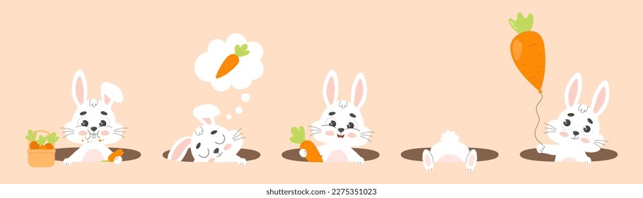 Pon en el agujero lindos conejos blancos graciosos con zanahorias. Carácter conejo. Ilustración vectorial de dibujos animados. 