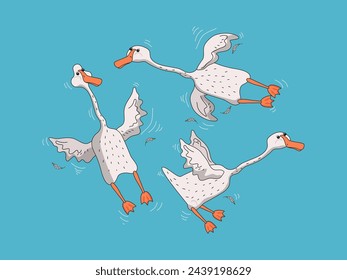 Set cute white geese. Funny goose birds in different poses. Birds and feathers icons. Vector flat cartoon illustration on isolated white background.