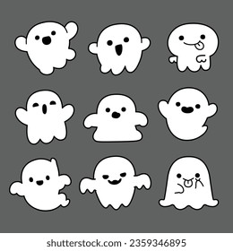 Set of Cute White Ghost in theme of Halloween. Vector illustration