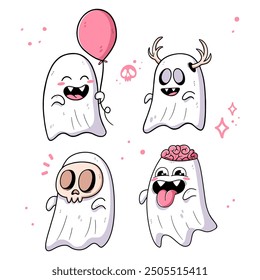 Set of Cute White Ghost Vector Illustration Isolated Cartoon