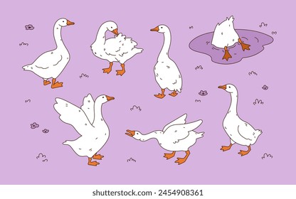 Set of cute white goose. Hand drawn vector illustration.