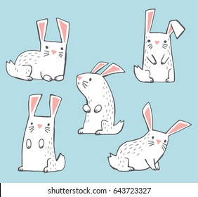 A set of cute white hand-drawn bunnies. Vector illustration.