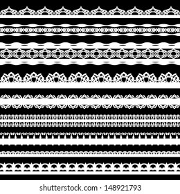 A set of cute white lace ribbons on a black background. Vector illustration
