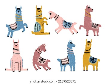 Set of cute white llama animal in different postures.