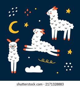 Set of cute white llamas isolated on a dark background. Good night. Space collection for your design. Hand drawn vector illustration with animals