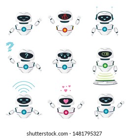 Set of cute white modern levitating robots perform different tasks flat vector illustration isolated on white background