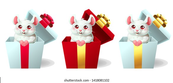 Set the cute white and pink little mouse sits in the gift white and red box and bow. A cartoon vector illustration isolated on white.