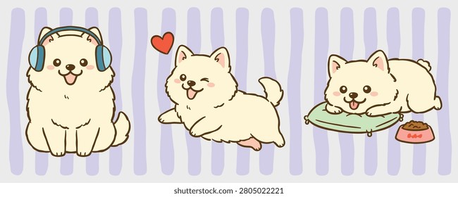 Set of cute white Pomeranian dog character illustrations in kawaii style, featuring puppy wearing headphones, running with heart, and lying on pillow with food bowl